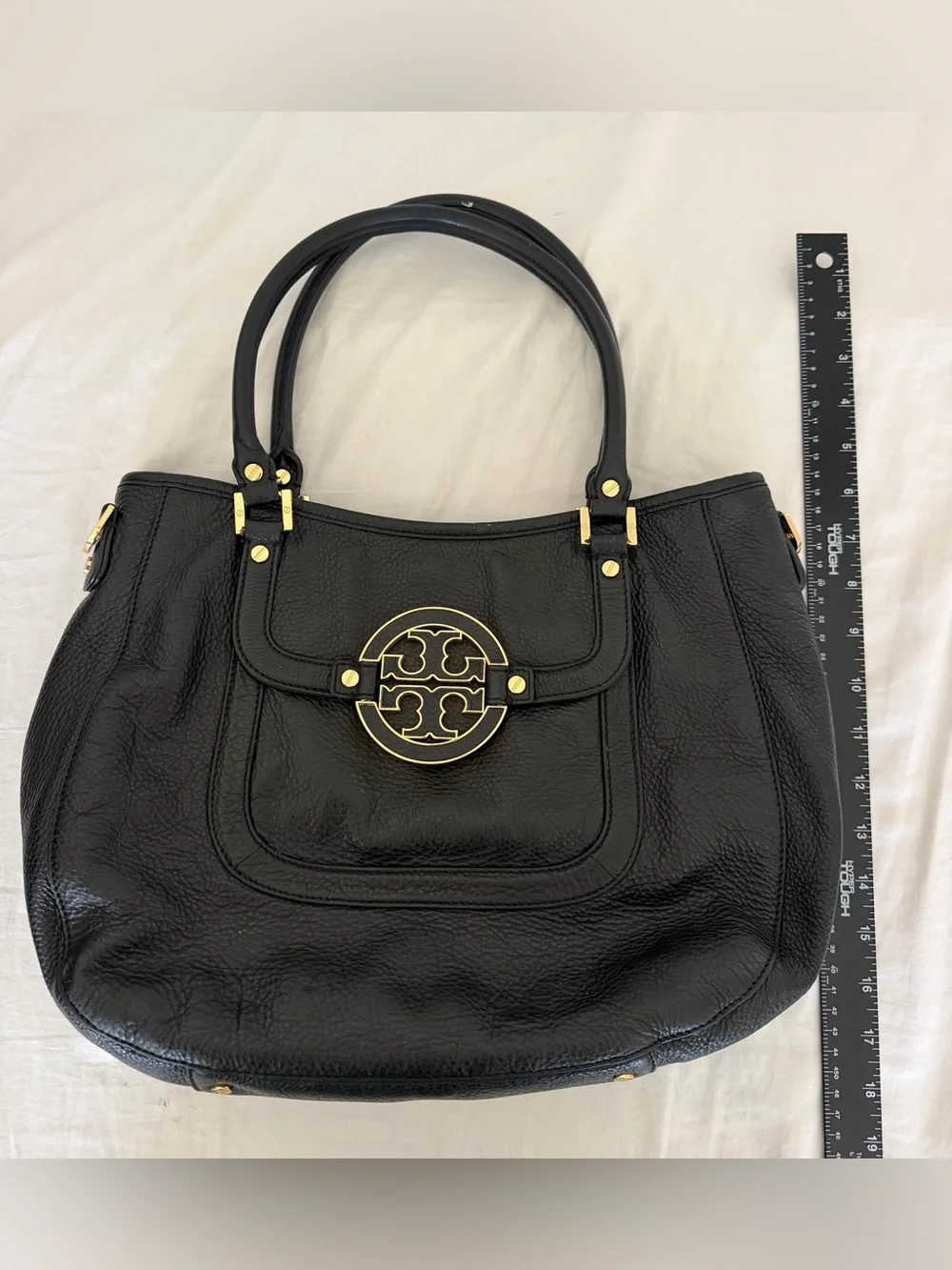 Tory Burch Black Leather Shoulder Tote with Gold Logo